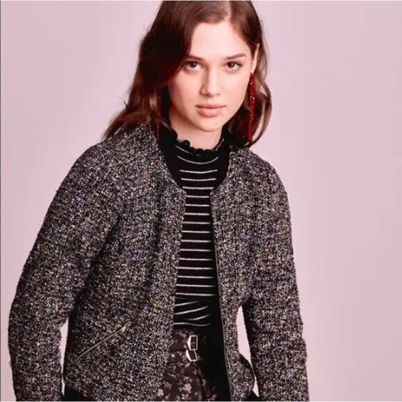 Rebecca Taylor multi tweed bomber jacket sz 4 short black cotton zip up textured - Picture 6 of 15